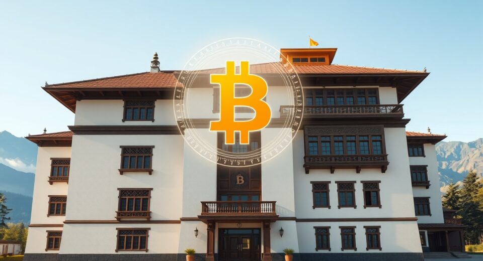 Bhutan government building with Bitcoin symbol representing national cryptocurrency holdings and