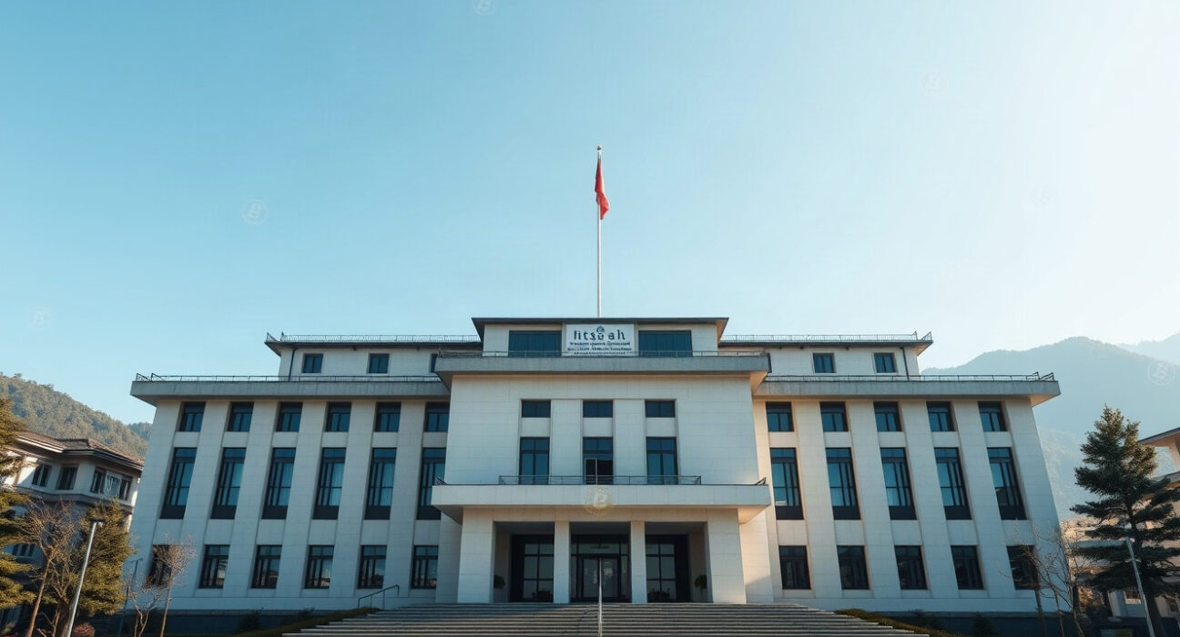 Government building in Thimphu, Bhutan, with digital Bitcoin symbols in the sky
