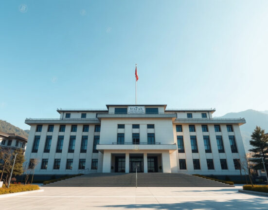 Government building in Thimphu, Bhutan, with digital Bitcoin symbols in the sky
