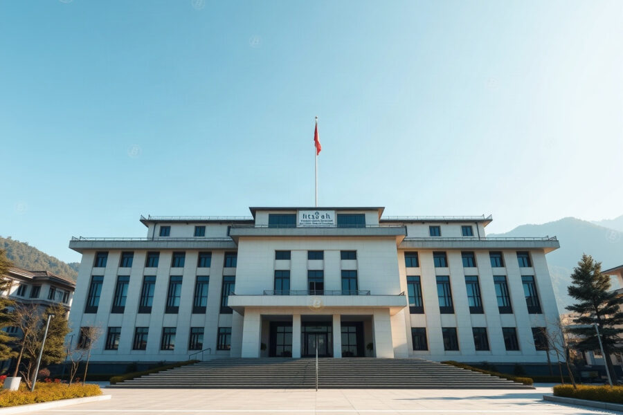 Government building in Thimphu, Bhutan, with digital Bitcoin symbols in the sky