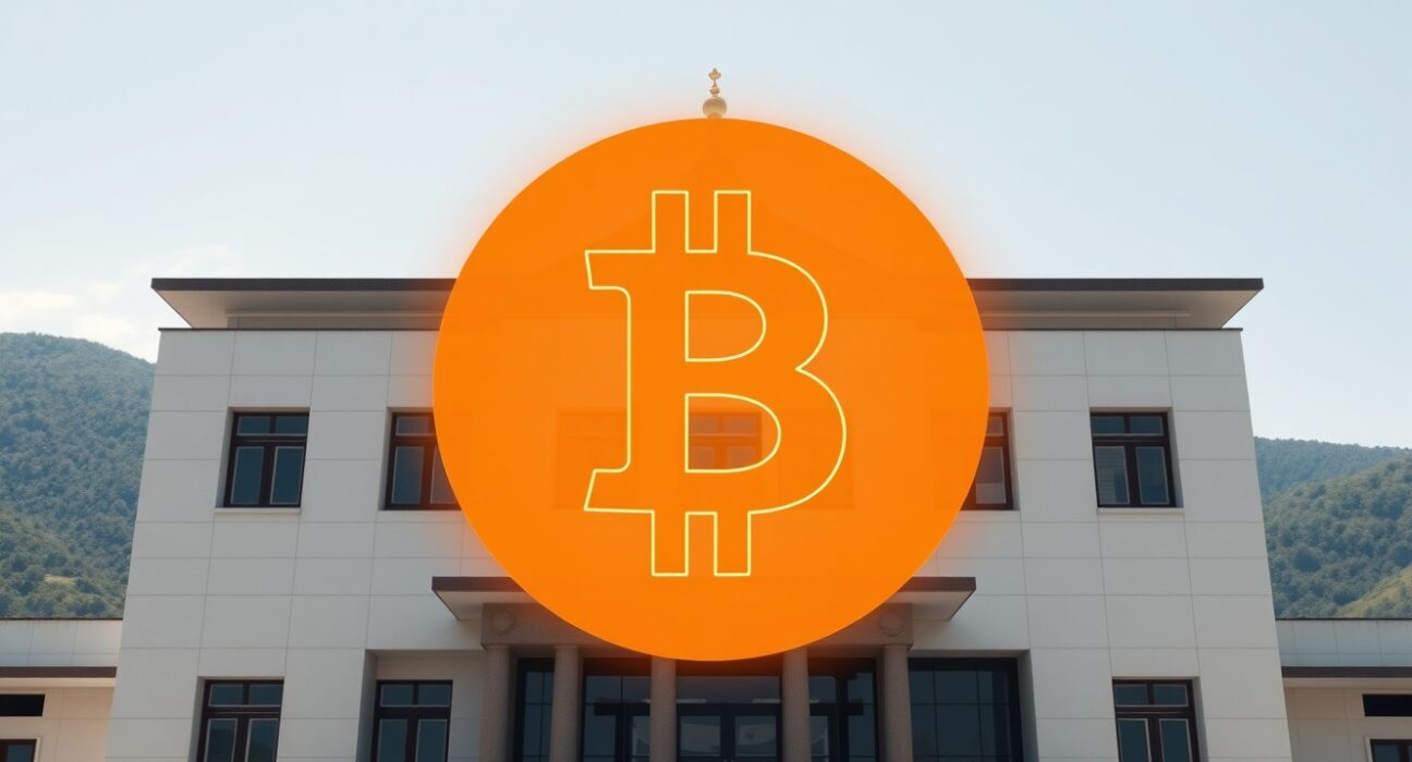 Bhutan government building with Bitcoin symbol representing the $11.8M BTC transfer.