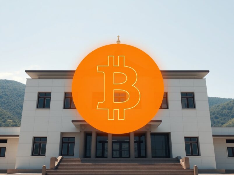 Bhutan government building with Bitcoin symbol representing the $11.8M BTC transfer.
