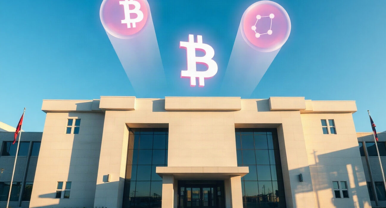 Bhutan government building with subtle digital cryptocurrency symbols in the sky