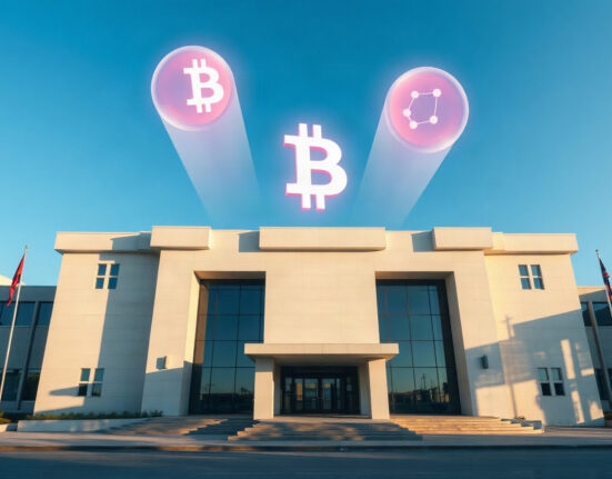 Bhutan government building with subtle digital cryptocurrency symbols in the sky