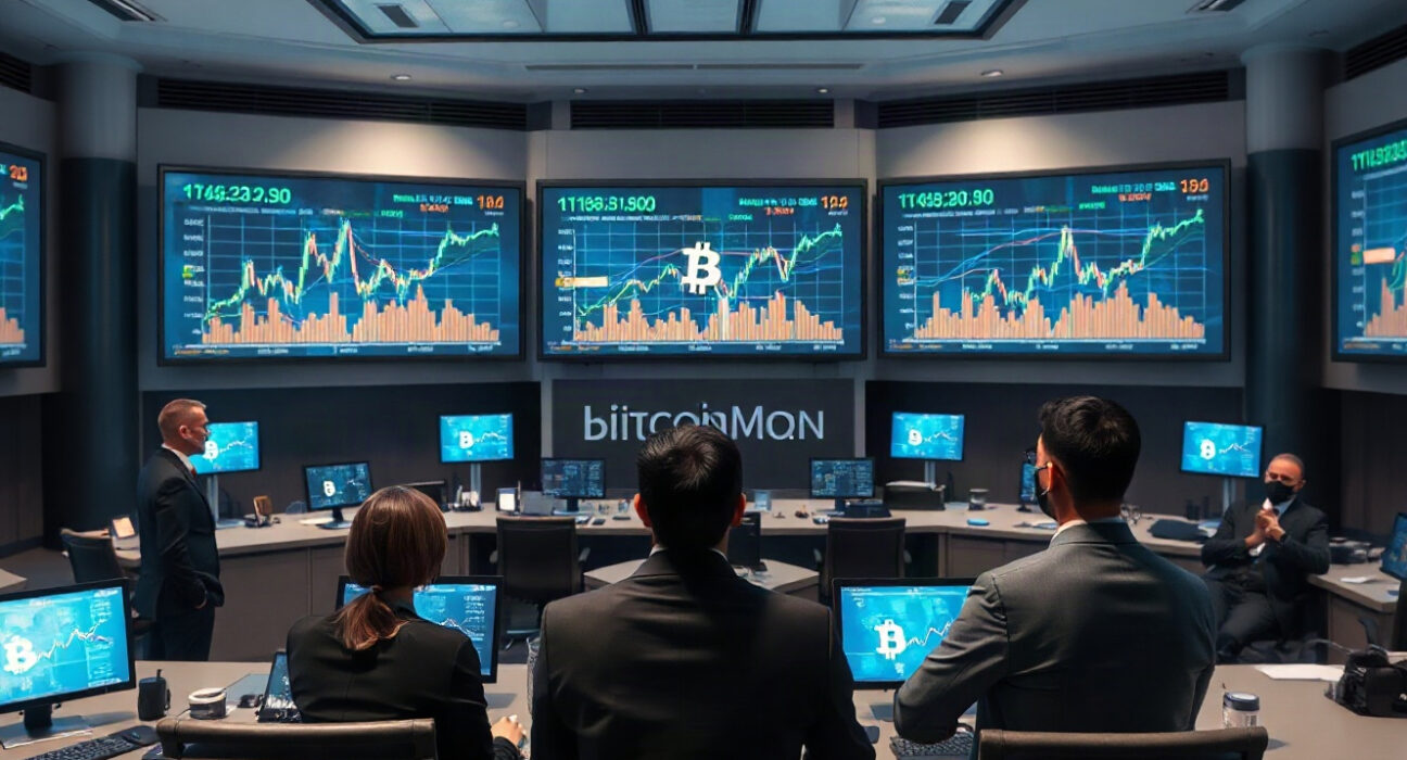 Government officials monitoring Bitcoin transactions on large screens in a modern operations center