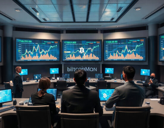 Government officials monitoring Bitcoin transactions on large screens in a modern operations center
