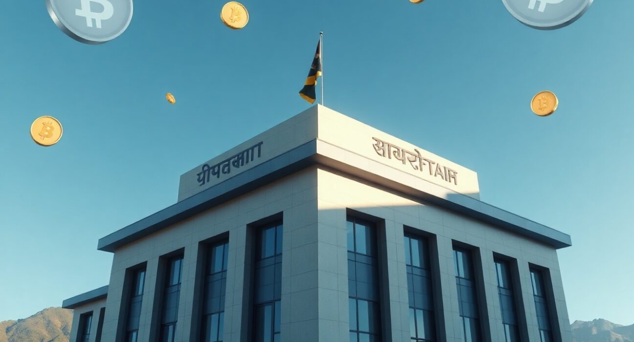 Bhutan government building with digital Bitcoin symbols representing recent crypto transfer.