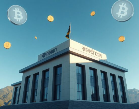 Bhutan government building with digital Bitcoin symbols representing recent crypto transfer.