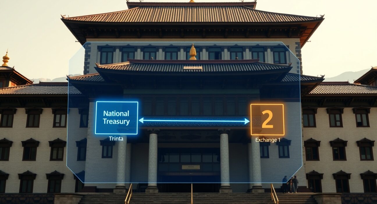 Bhutan government building with digital visualization of Bitcoin treasury transaction to exchanges.