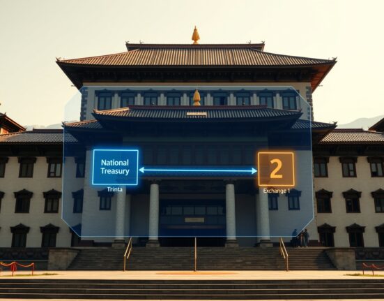 Bhutan government building with digital visualization of Bitcoin treasury transaction to exchanges.