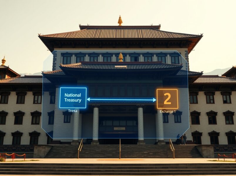 Bhutan government building with digital visualization of Bitcoin treasury transaction to exchanges.