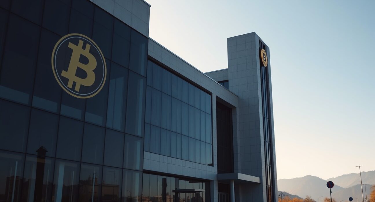 Government building in Thimphu, Bhutan, with digital cryptocurrency symbols, representing the nation's Bitcoin sales.