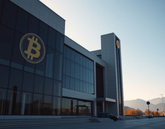 Government building in Thimphu, Bhutan, with digital cryptocurrency symbols, representing the nation's Bitcoin sales.