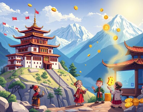 Bhutan government wallet transferring Ethereum to crypto trading firm in vibrant cartoon illustration