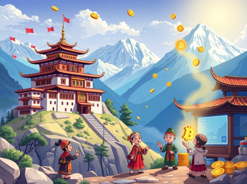 Bhutan government wallet transferring Ethereum to crypto trading firm in vibrant cartoon illustration