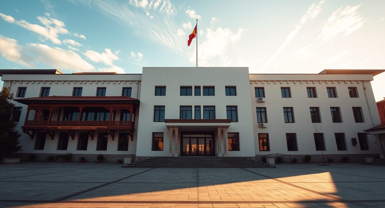 Exterior of Druk Holding and Investments office building in Thimphu, Bhutan, with traditional architecture