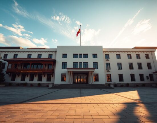 Exterior of Druk Holding and Investments office building in Thimphu, Bhutan, with traditional architecture