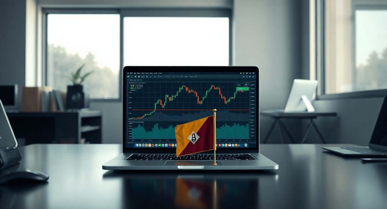Bitcoin and Bhutan flag on a desk with trading charts on a laptop, representing government crypto activity.