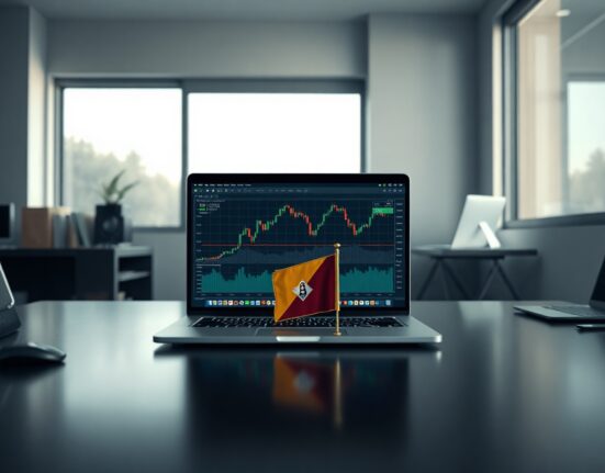Bitcoin and Bhutan flag on a desk with trading charts on a laptop, representing government crypto activity.