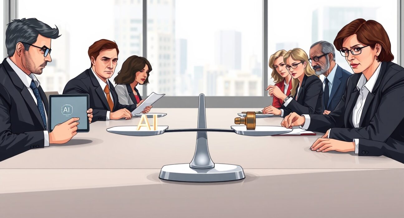 Boardroom negotiation representing the 2025 AI ethics debate between tech companies and government.