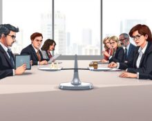 Boardroom negotiation representing the 2025 AI ethics debate between tech companies and government.