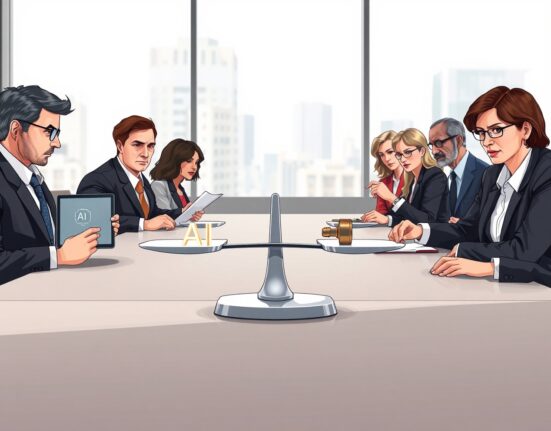 Boardroom negotiation representing the 2025 AI ethics debate between tech companies and government.