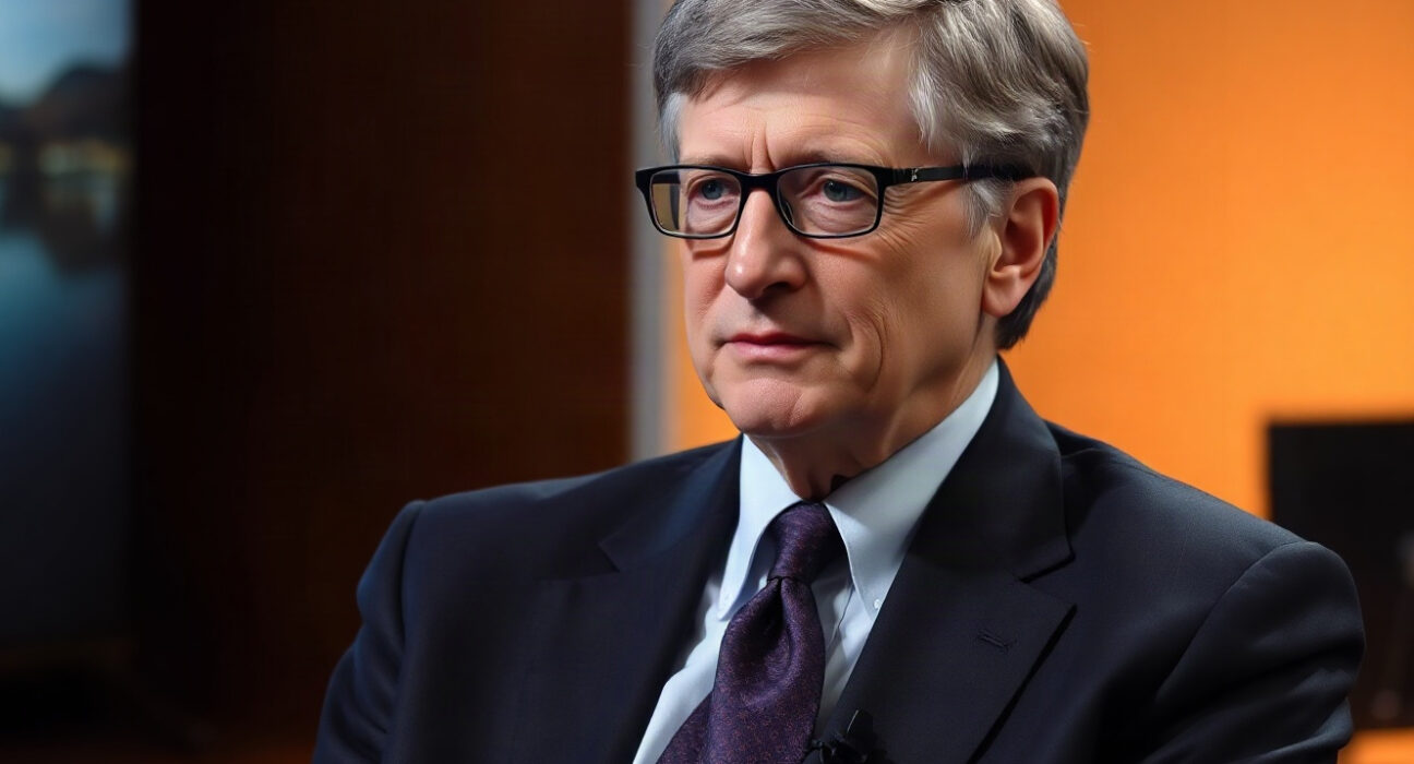 Bill Gates in a studio interview setting, speaking about cryptocurrency