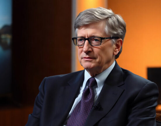 Bill Gates in a studio interview setting, speaking about cryptocurrency