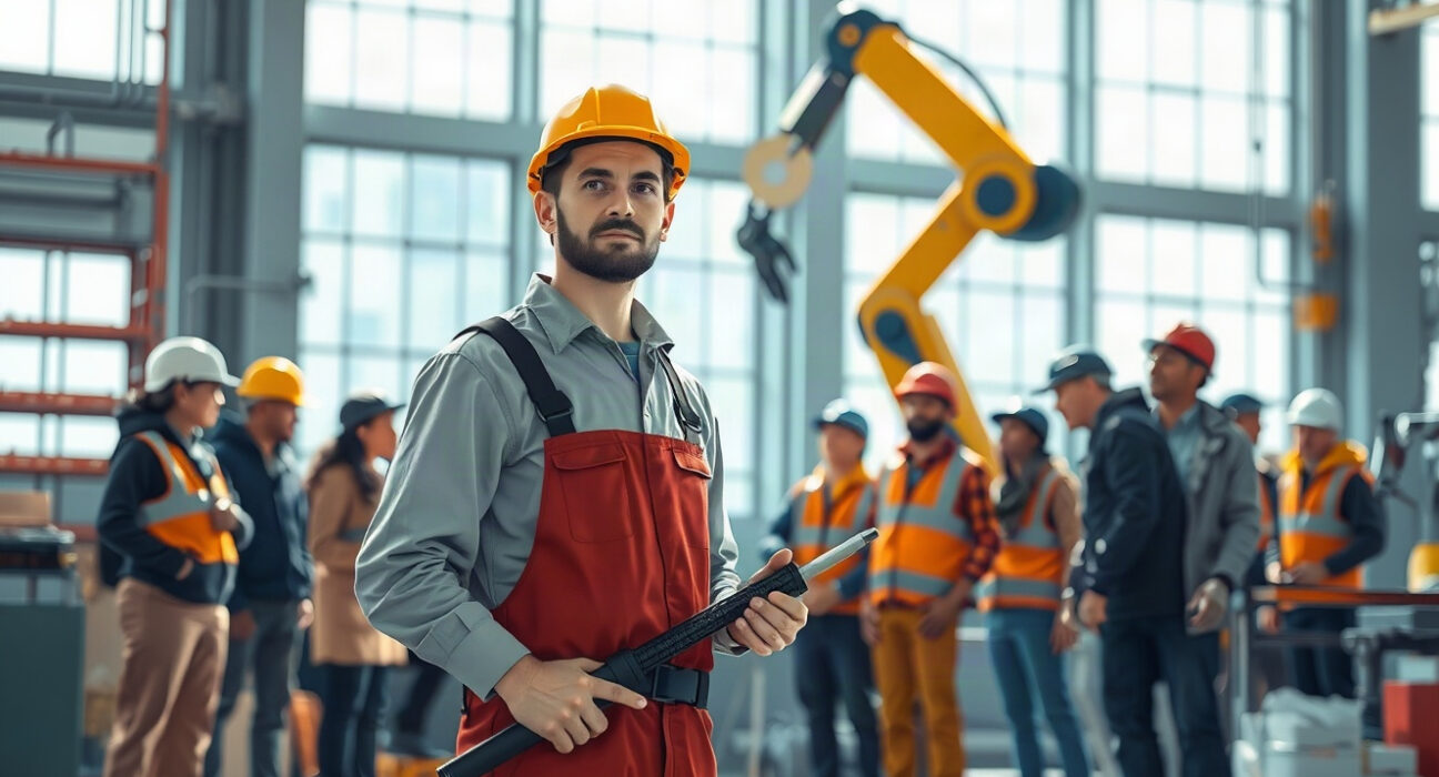 Human worker and robot arm in a modern factory, illustrating Bill Gates' AI labor proposals.