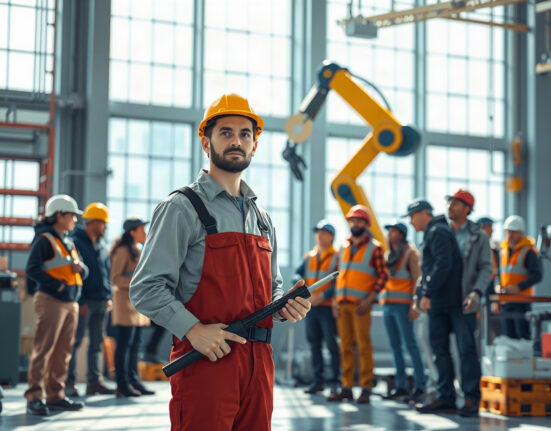 Human worker and robot arm in a modern factory, illustrating Bill Gates' AI labor proposals.