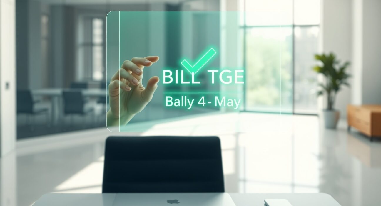 BILL token TGE announcement: Digital identity verification interface with glowing checkmark and May 4 date