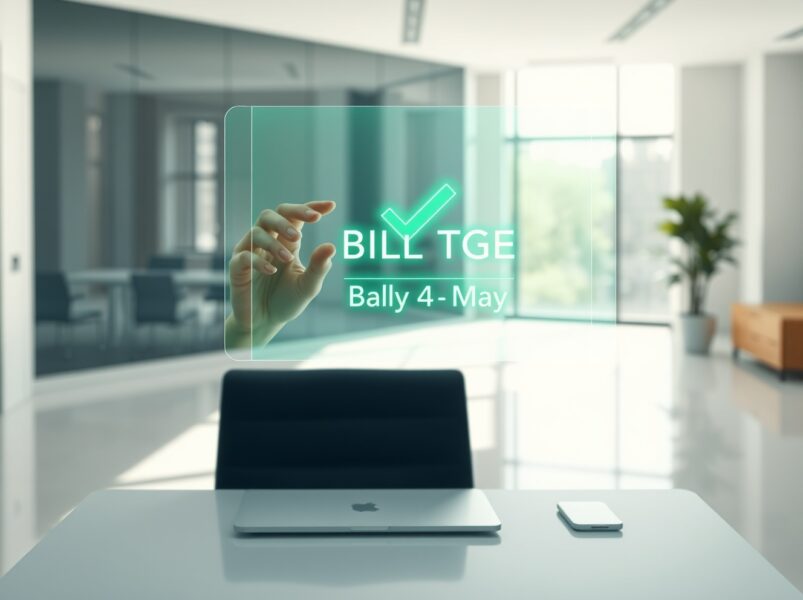 BILL token TGE announcement: Digital identity verification interface with glowing checkmark and May 4 date
