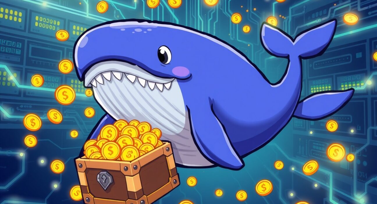 A cartoon whale executing a massive USDT transfer through a vibrant blockchain network.