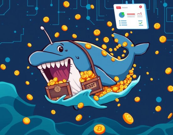 A cartoon whale making a massive USDT transfer between blockchain platforms, symbolizing major crypto liquidity moves.