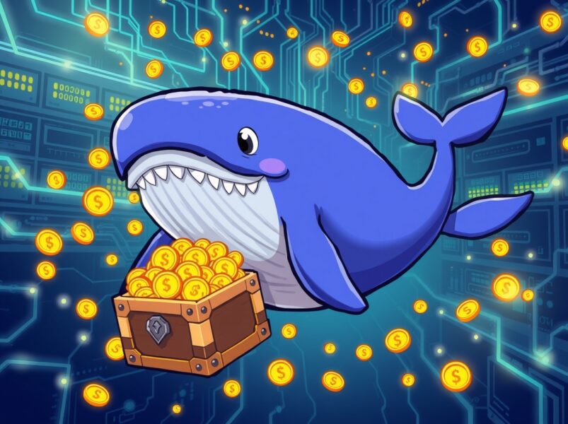 A cartoon whale making a massive USDT transfer between blockchain platforms, symbolizing major crypto liquidity moves.