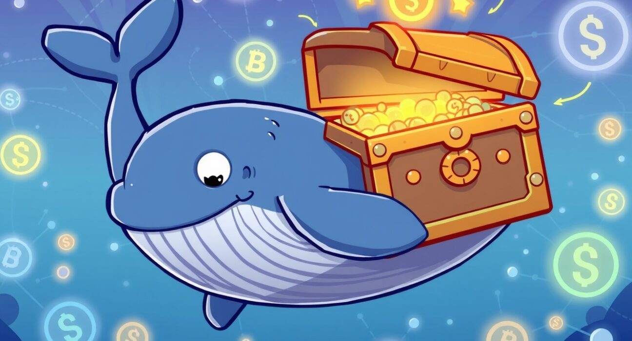 A cartoon whale executing a massive USDT transfer through the DeFi ecosystem.