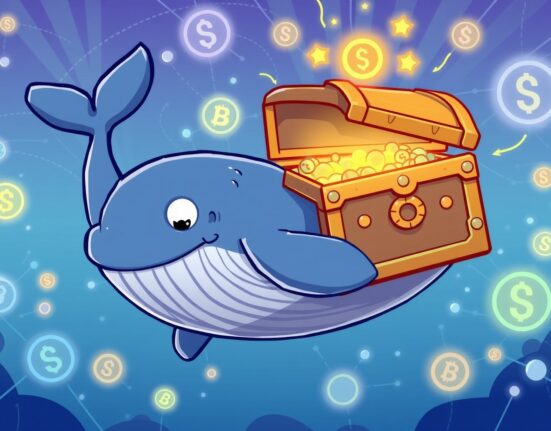 A cartoon whale executing a massive USDT transfer through the DeFi ecosystem.