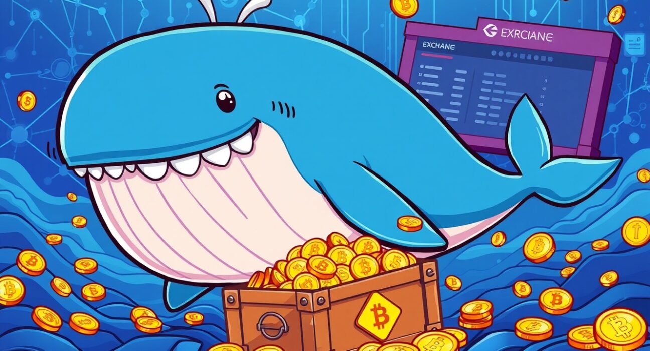 A cartoon whale symbolizing a massive USDT whale transfer between DeFi and exchange platforms.