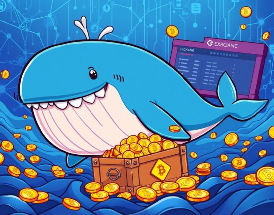 A cartoon whale symbolizing a massive USDT whale transfer between DeFi and exchange platforms.