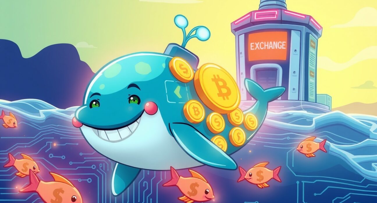 A vibrant cartoon whale made of USDT tokens swimming toward a crypto exchange, symbolizing a massive whale transfer.