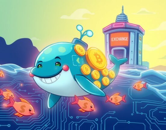 A vibrant cartoon whale made of USDT tokens swimming toward a crypto exchange, symbolizing a massive whale transfer.