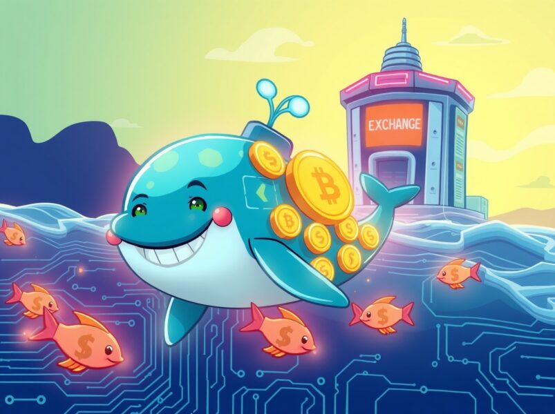 A vibrant cartoon whale made of USDT tokens swimming toward a crypto exchange, symbolizing a massive whale transfer.