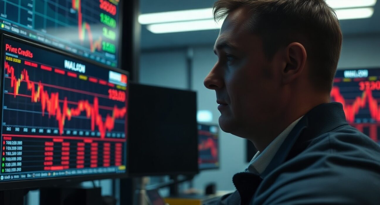 Trader monitoring Bitcoin and private credit market declines on multiple screens