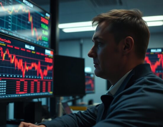 Trader monitoring Bitcoin and private credit market declines on multiple screens