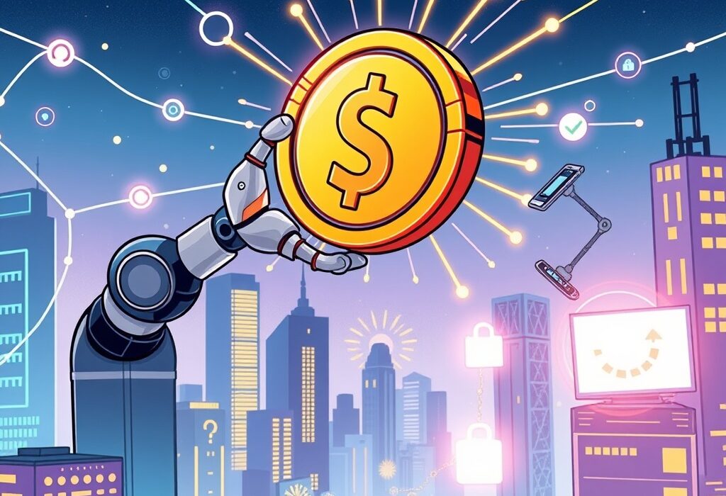 A cartoon illustration showing a robot and human hand collaborating to lift a large coin, symbolizing the significant Billions Network funding for AI and human verification.