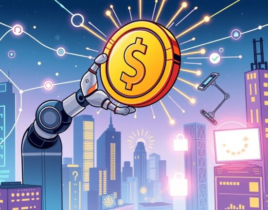 A cartoon illustration showing a robot and human hand collaborating to lift a large coin, symbolizing the significant Billions Network funding for AI and human verification.