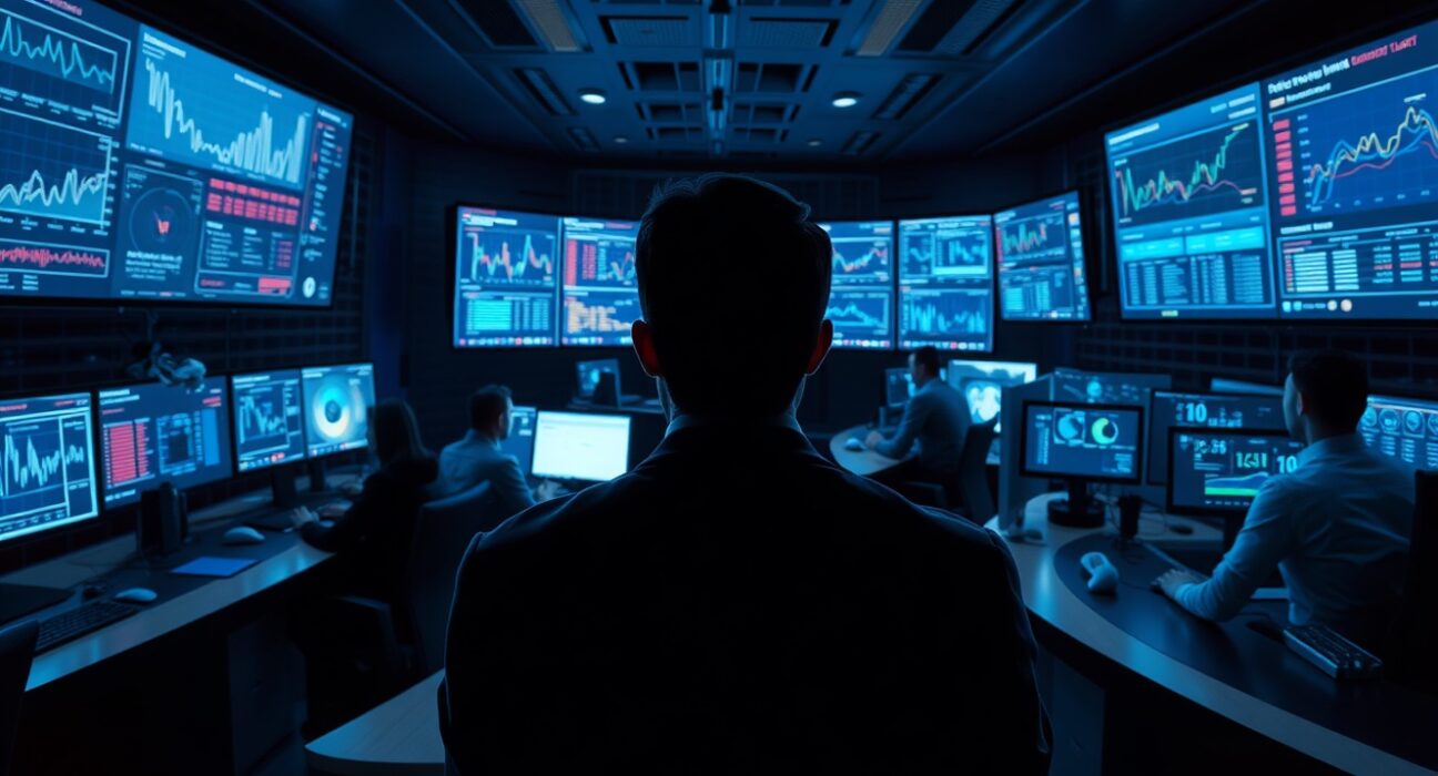 Security operations center with analysts monitoring cryptocurrency transaction data on large screens