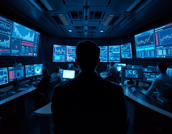 Security operations center with analysts monitoring cryptocurrency transaction data on large screens