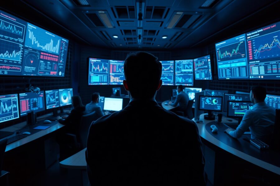 Security operations center with analysts monitoring cryptocurrency transaction data on large screens