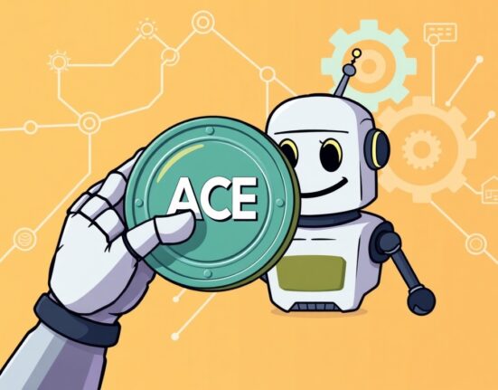 A cartoon illustration of a robot hand pausing a digital coin, representing the Binance ACE suspension for a network upgrade.